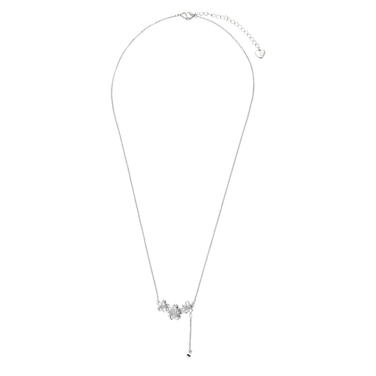 White gold plated Y-shaped necklace with three dimensional flower charms and adjustable drop pendant