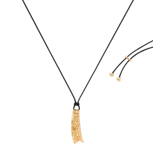 Curved textured pendant necklace on black adjustable cord with metallic finish in gold or silver